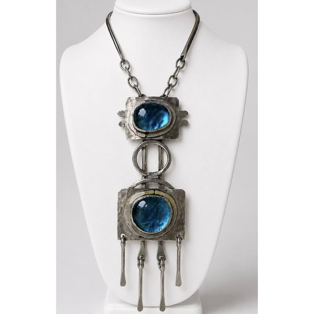 RAFAEL Canada Signed 1970s Modernist Statement Necklace Cobalt Blue Art Glass